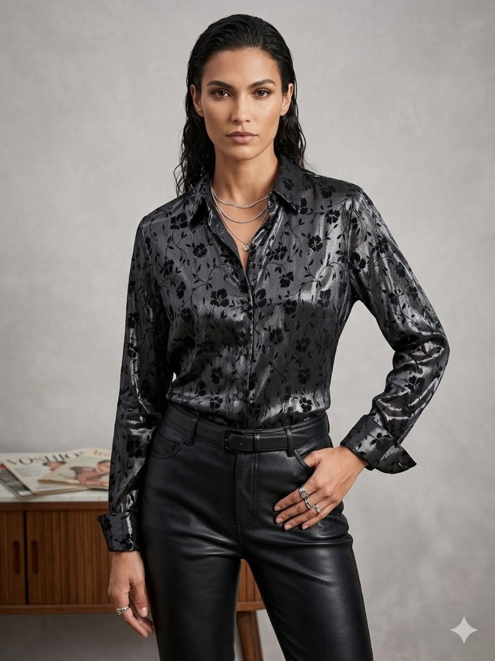 Christie & Jill Black Floral Satin Button-Down Shirt